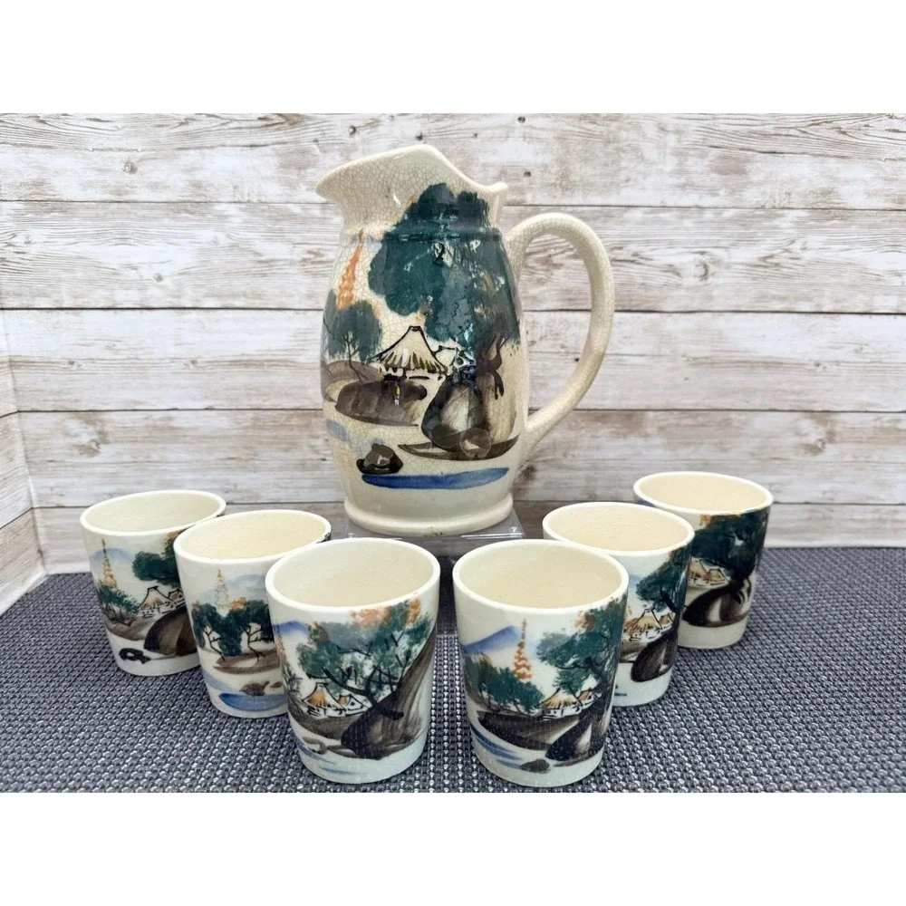 1940 Japanese Ceramic Pitcher 6 Tumbler Set Hand Painted Village Scene Showa VTG